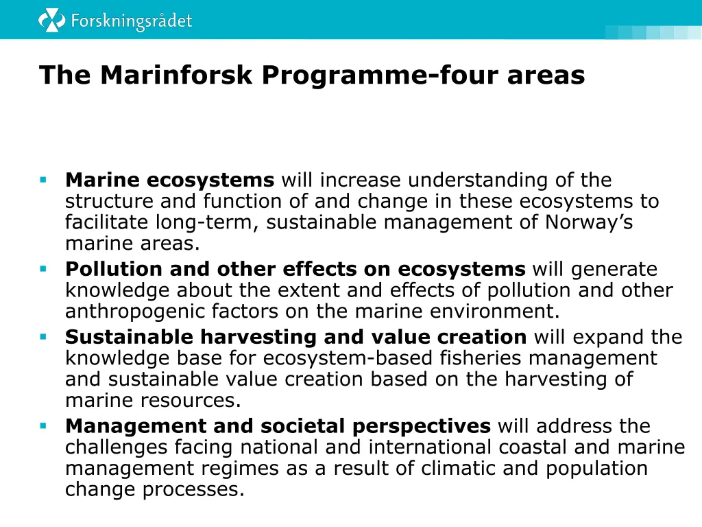 the marinforsk programme four areas