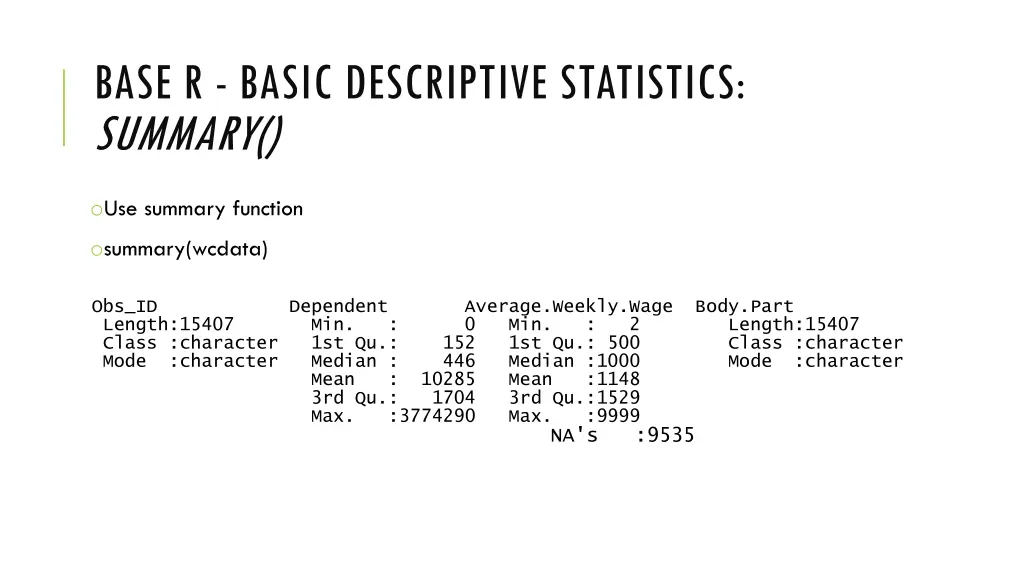 base r basic descriptive statistics summary