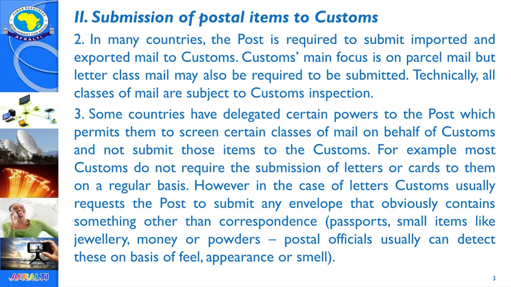 ii submission of postal items to customs