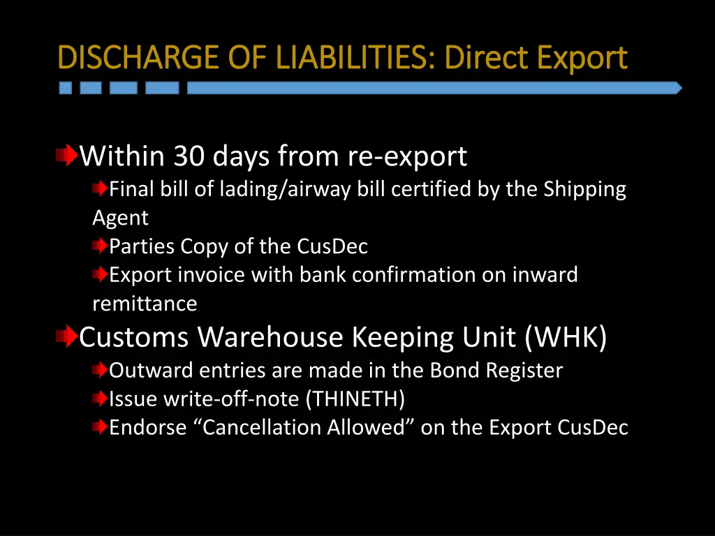 discharge of liabilities direct export discharge