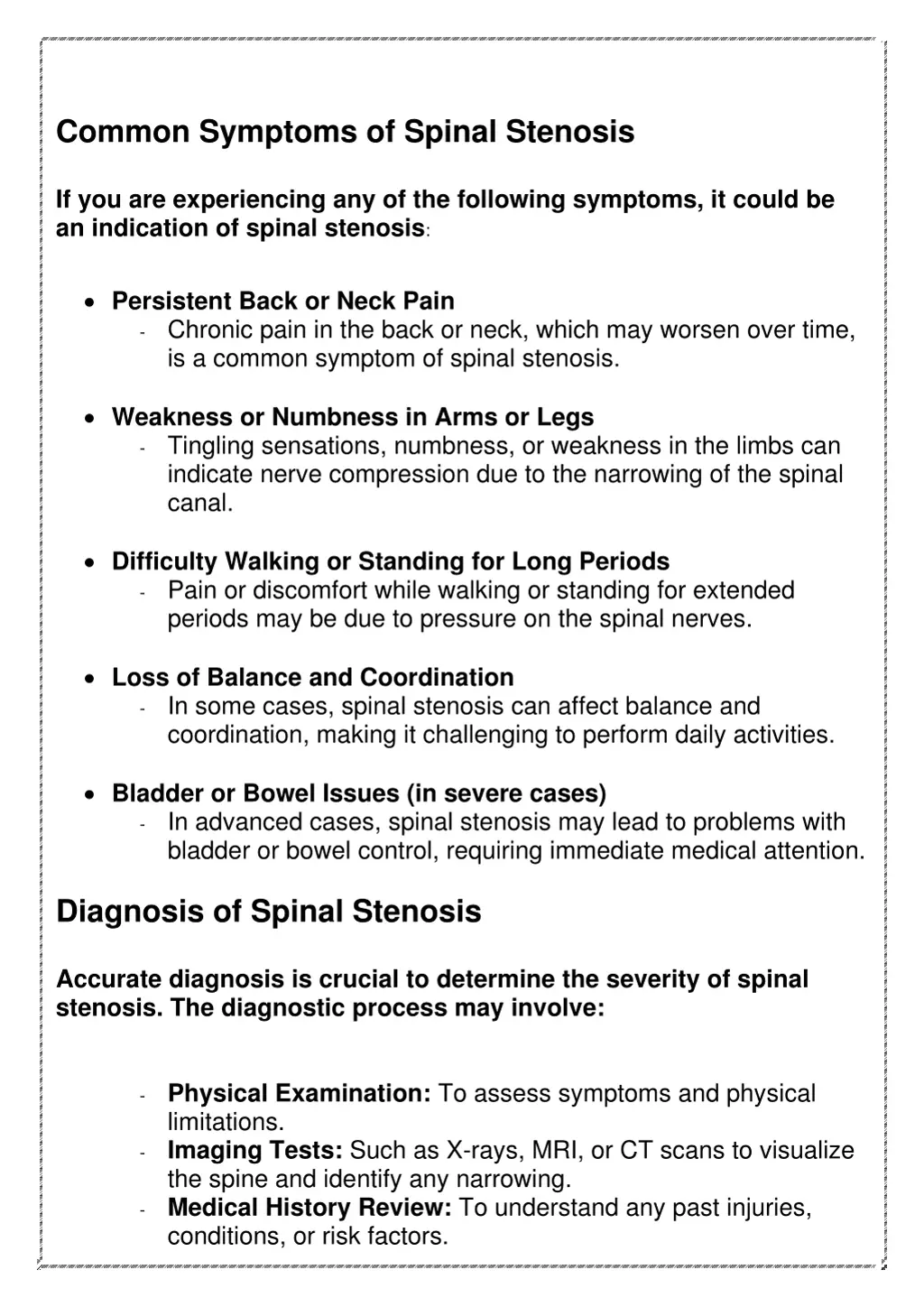 common symptoms of spinal stenosis