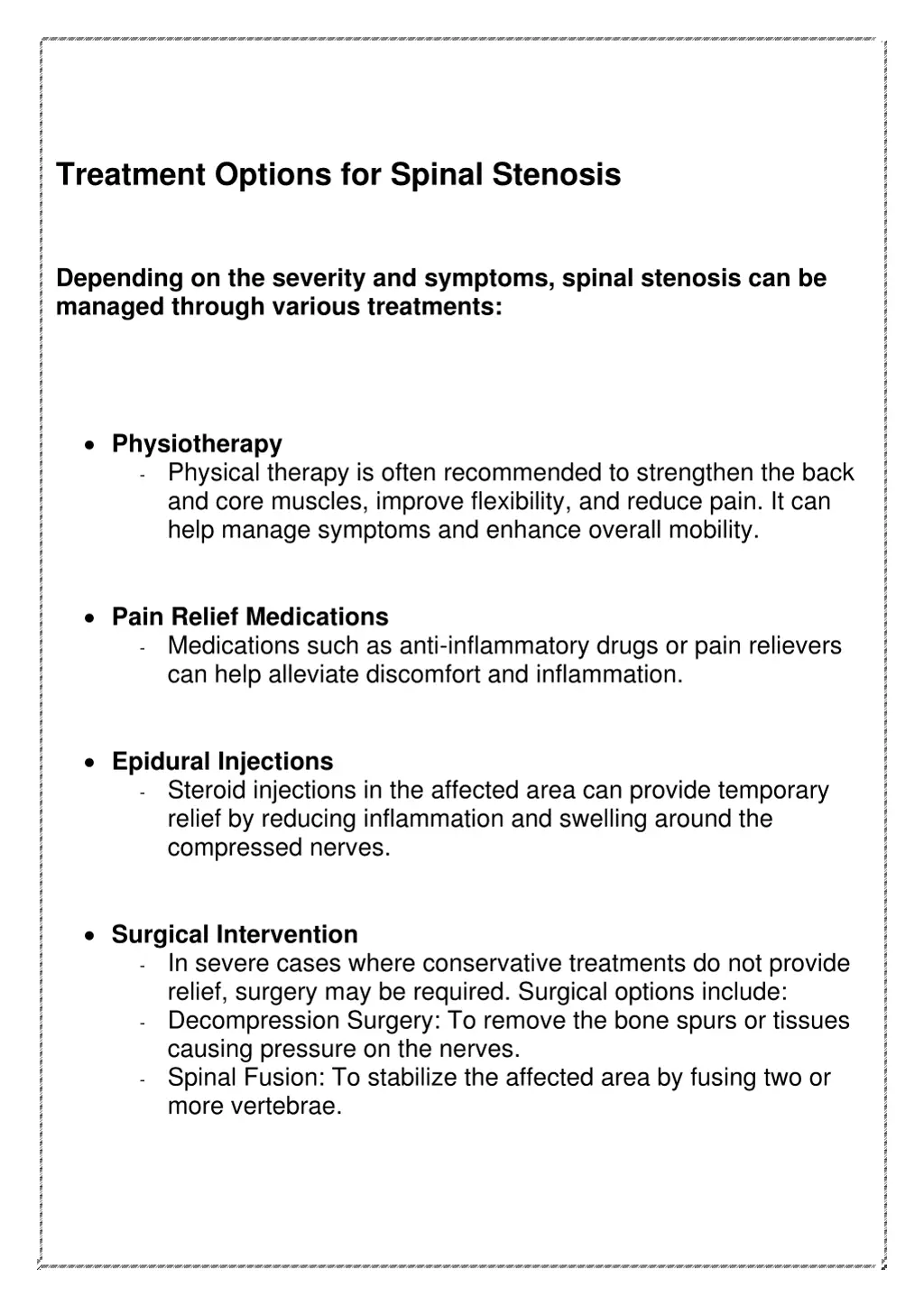 treatment options for spinal stenosis depending