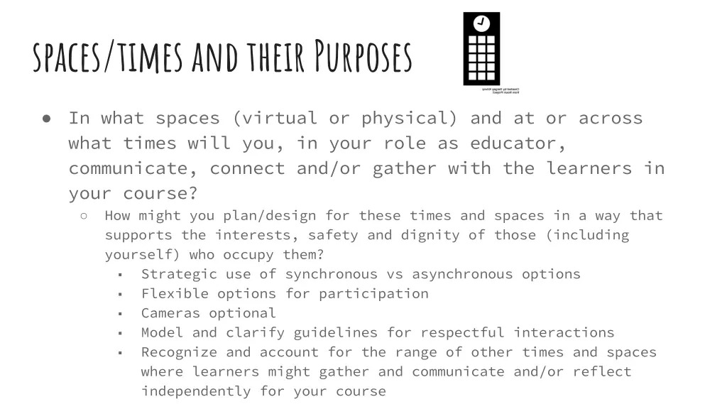 spaces times and their purposes