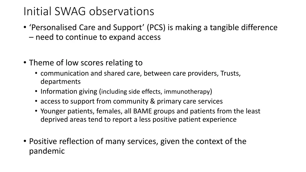 initial swag observations personalised care