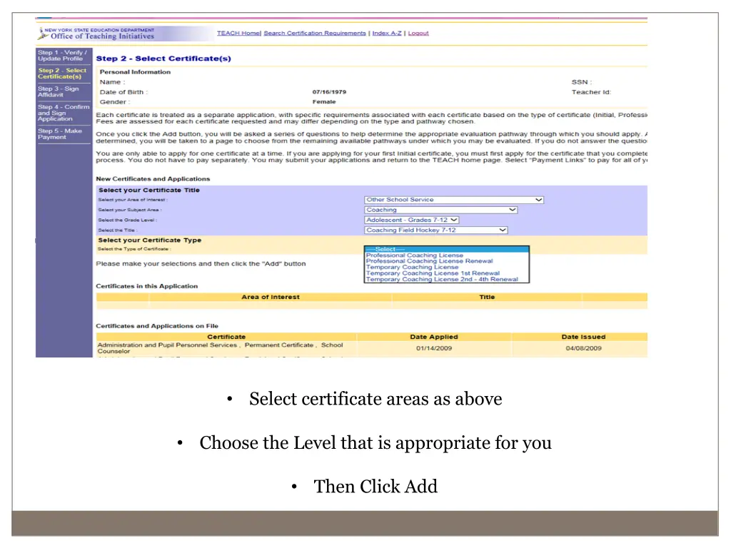 select certificate areas as above