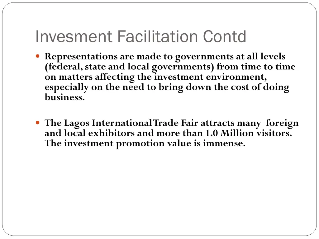 invesment facilitation contd