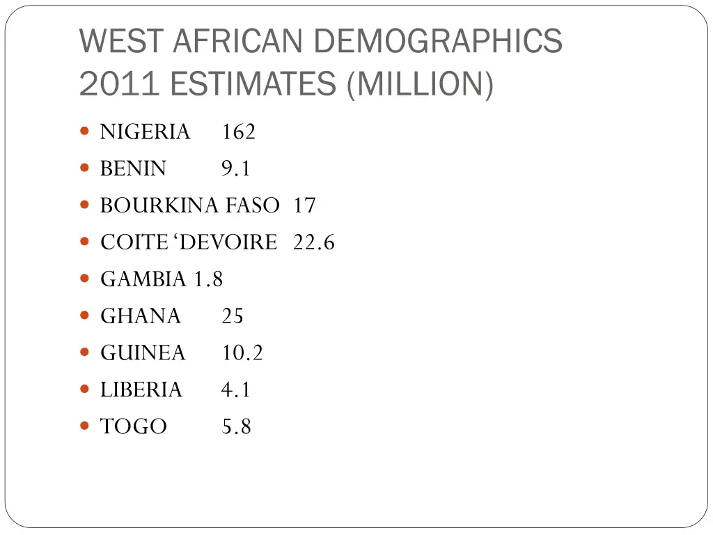 west african demographics 2011 estimates million