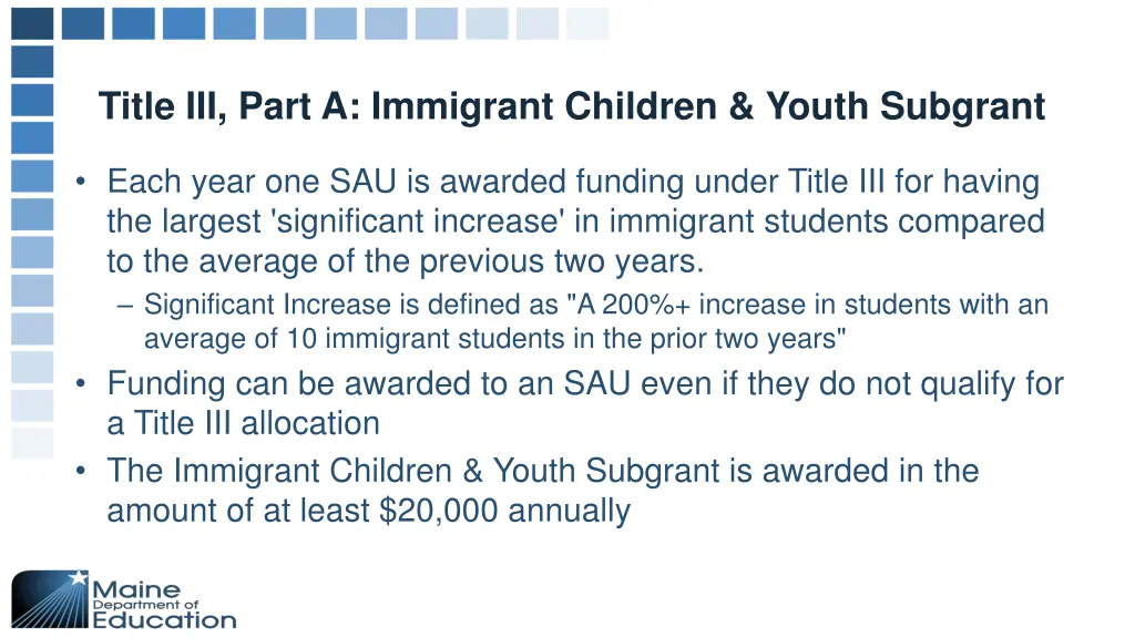 title iii part a immigrant children youth subgrant