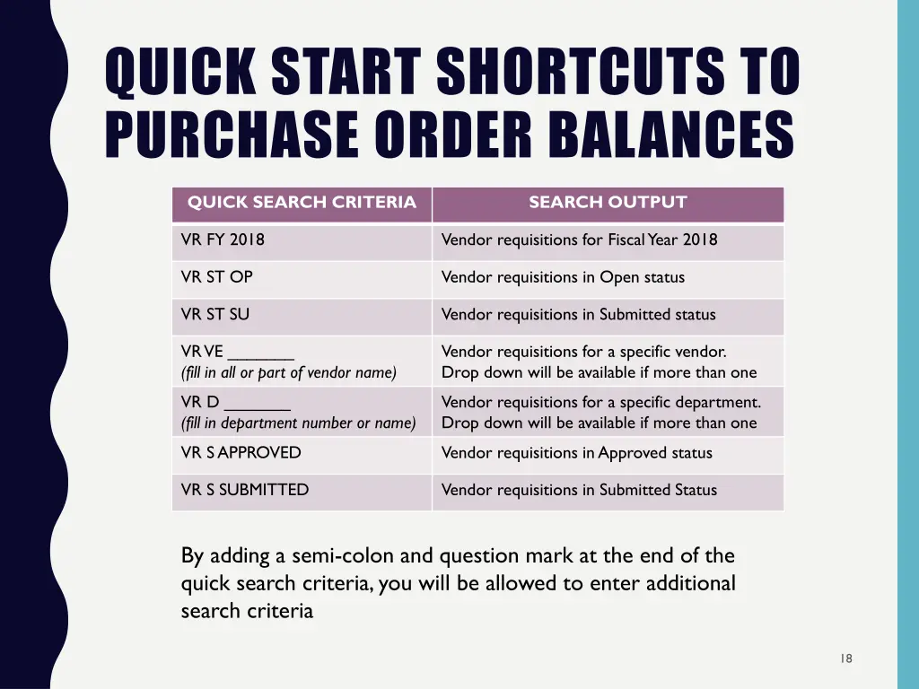 quick start shortcuts to purchase order balances