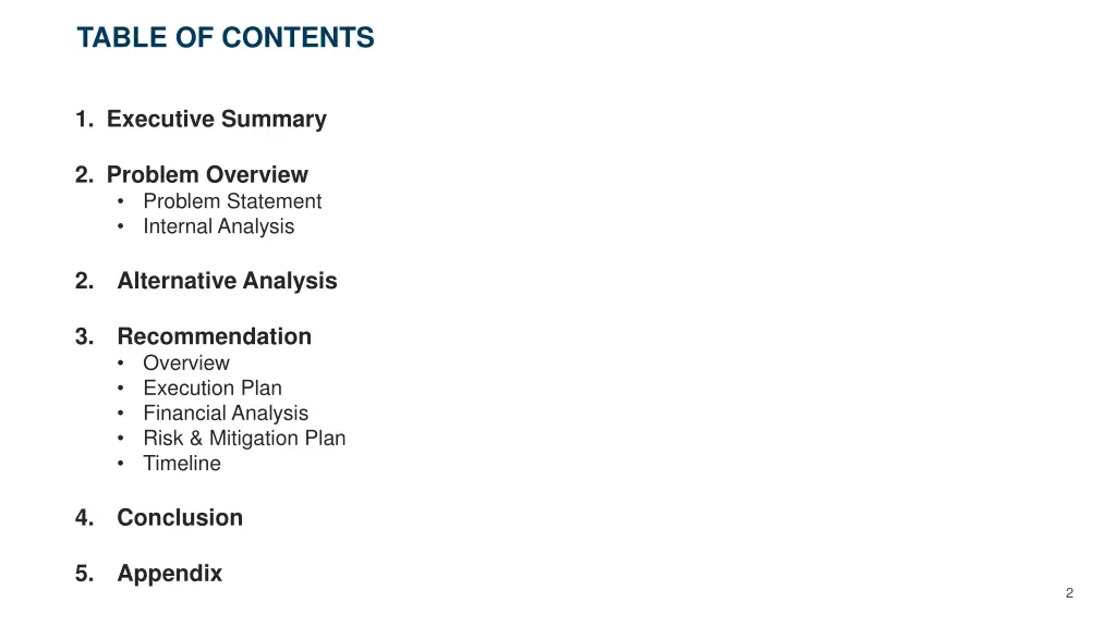 table of contents