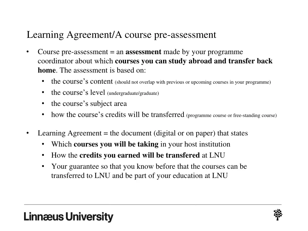 learning agreement a course pre assessment