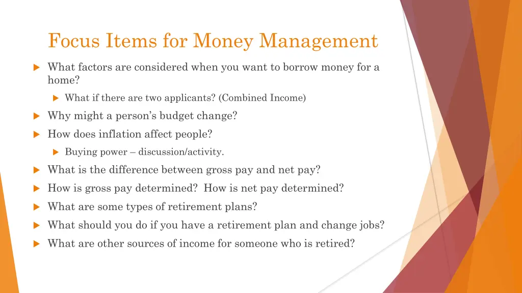 focus items for money management
