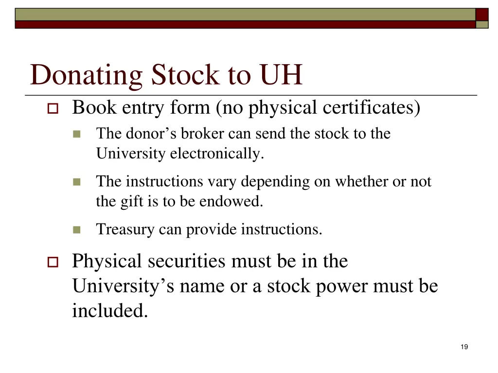 donating stock to uh book entry form no physical