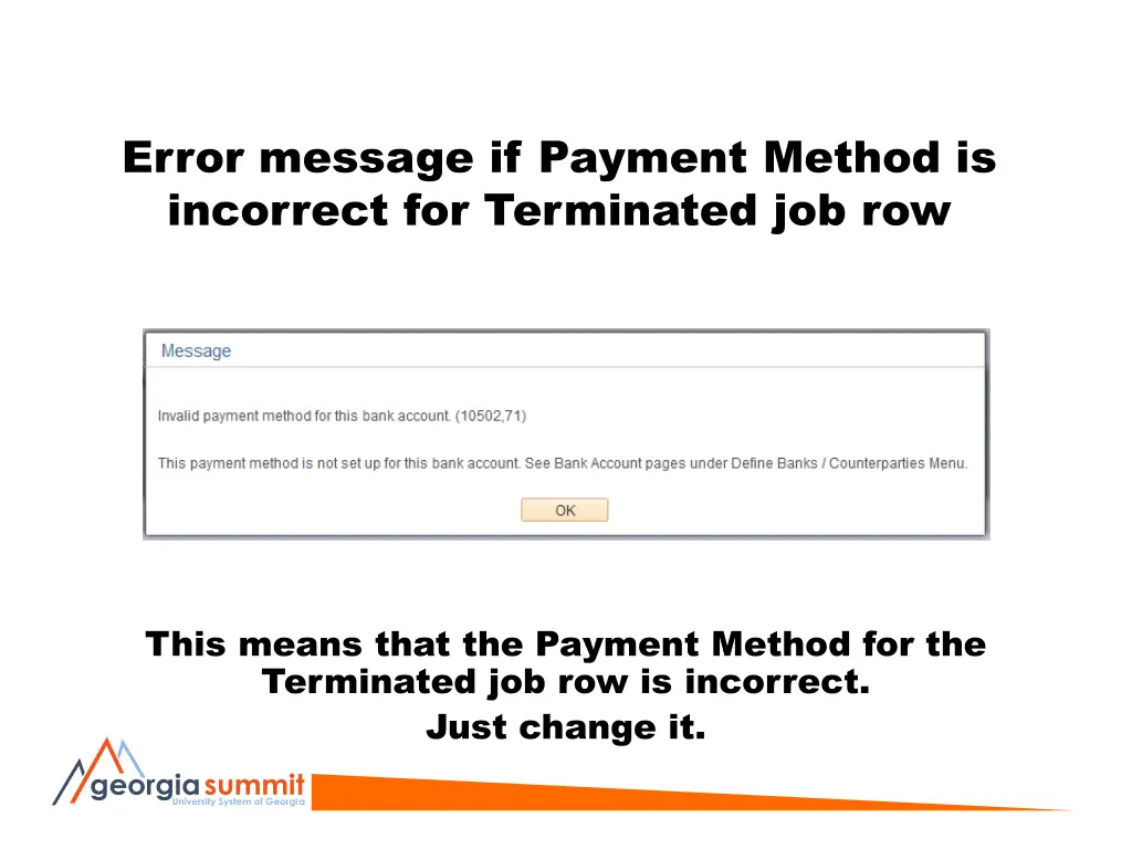 error message if payment method is incorrect