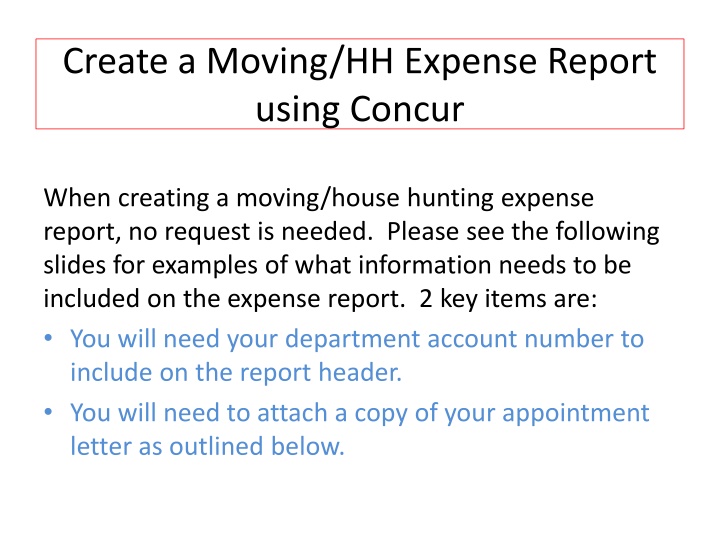 create a moving hh expense report using concur