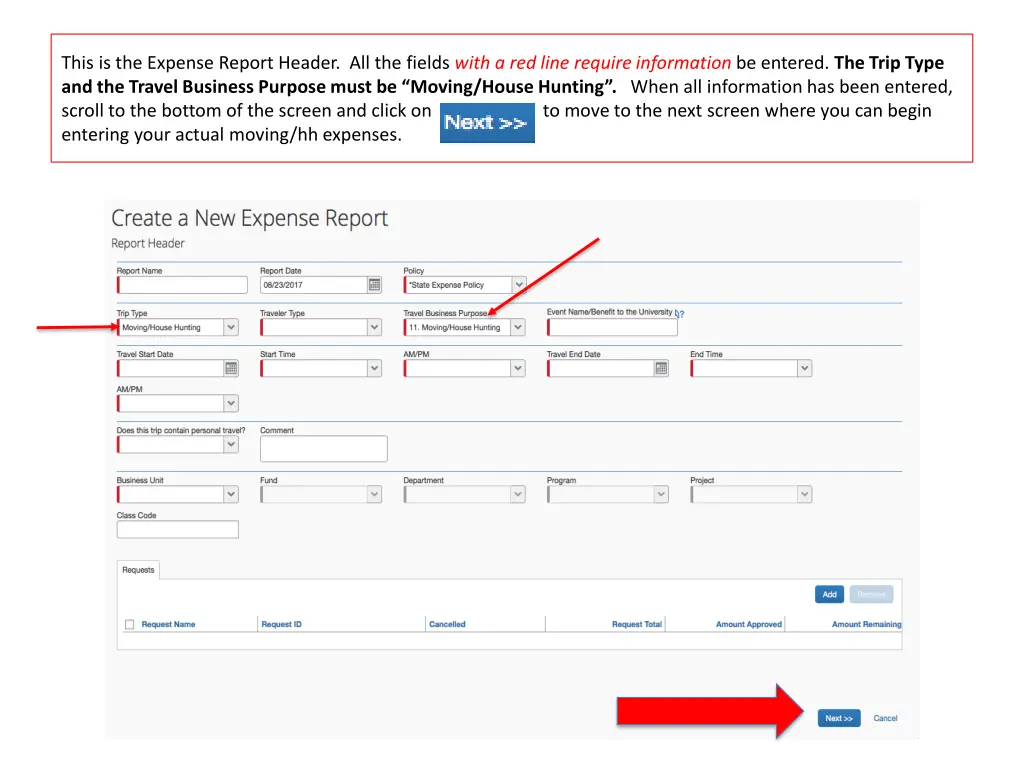 this is the expense report header all the fields