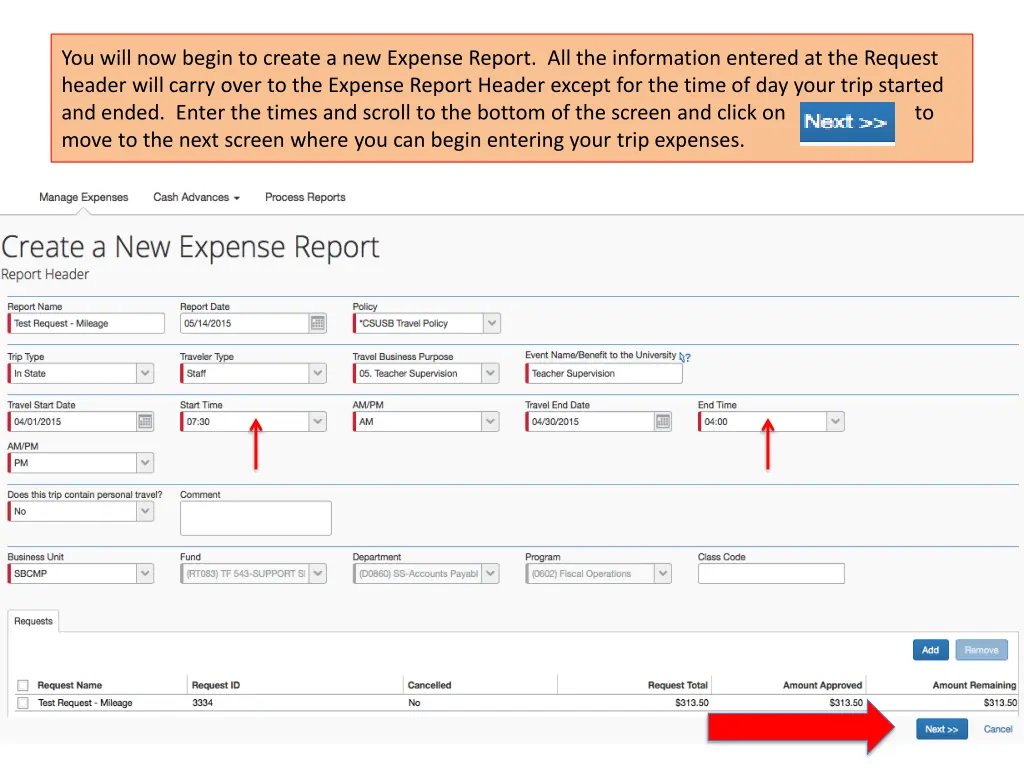 you will now begin to create a new expense report