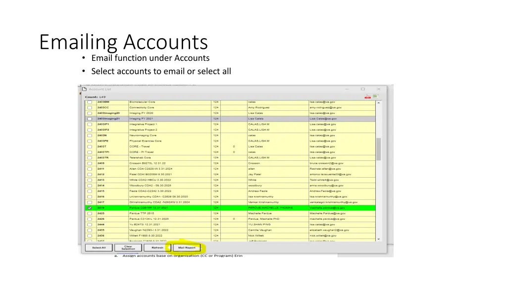 emailing accounts email function under accounts