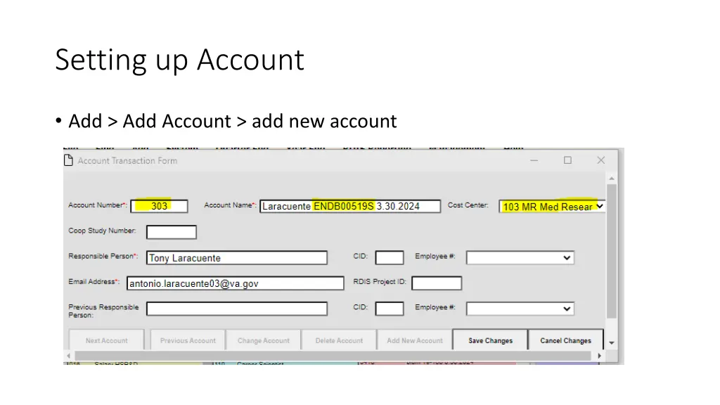 setting up account