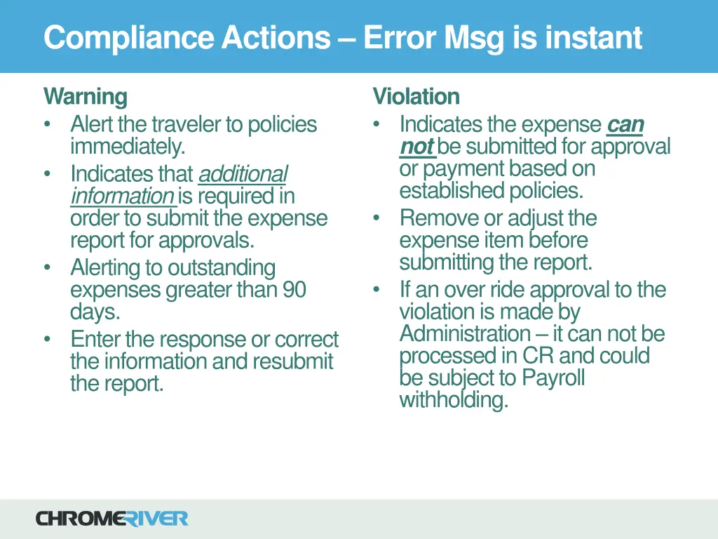 compliance actions error msg is instant