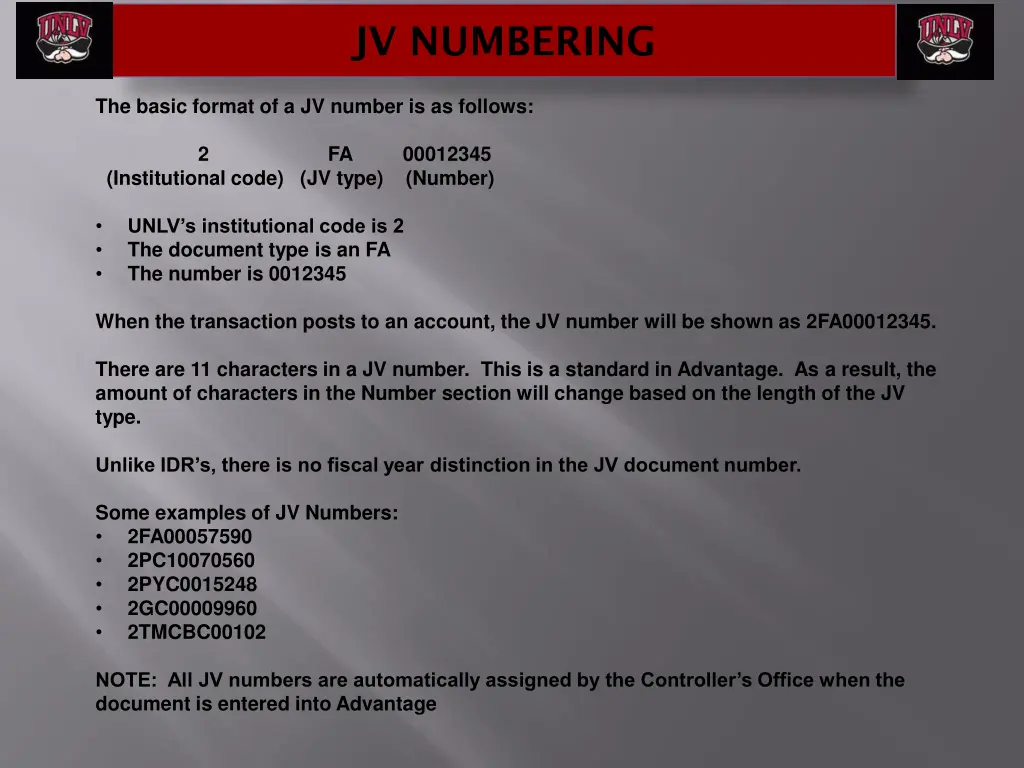 jv numbering