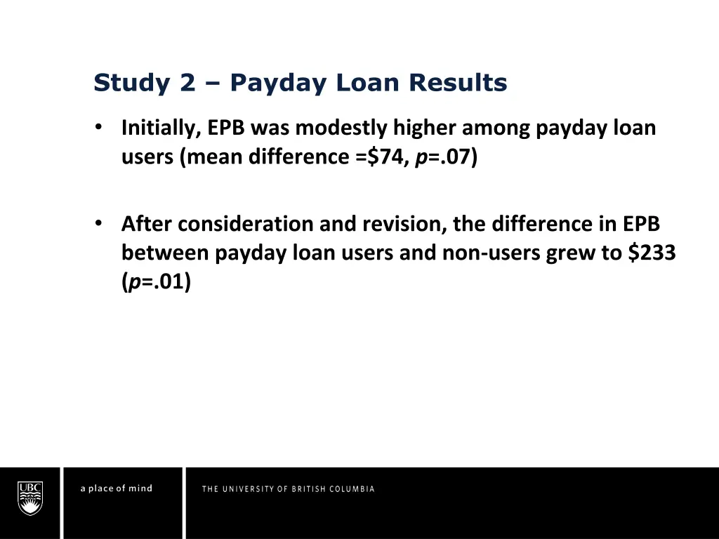 study 2 payday loan results