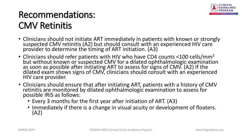 recommendations recommendations cmv retinitis