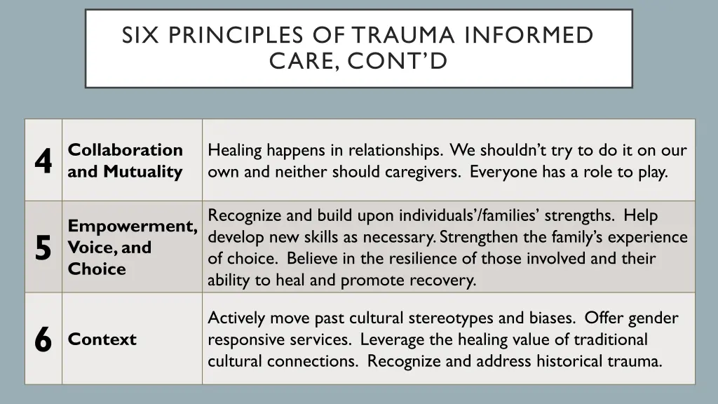 six principles of trauma informed care cont d