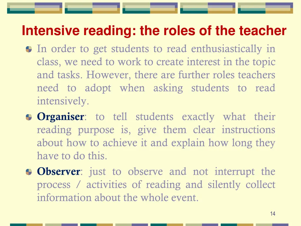 intensive reading the roles of the teacher