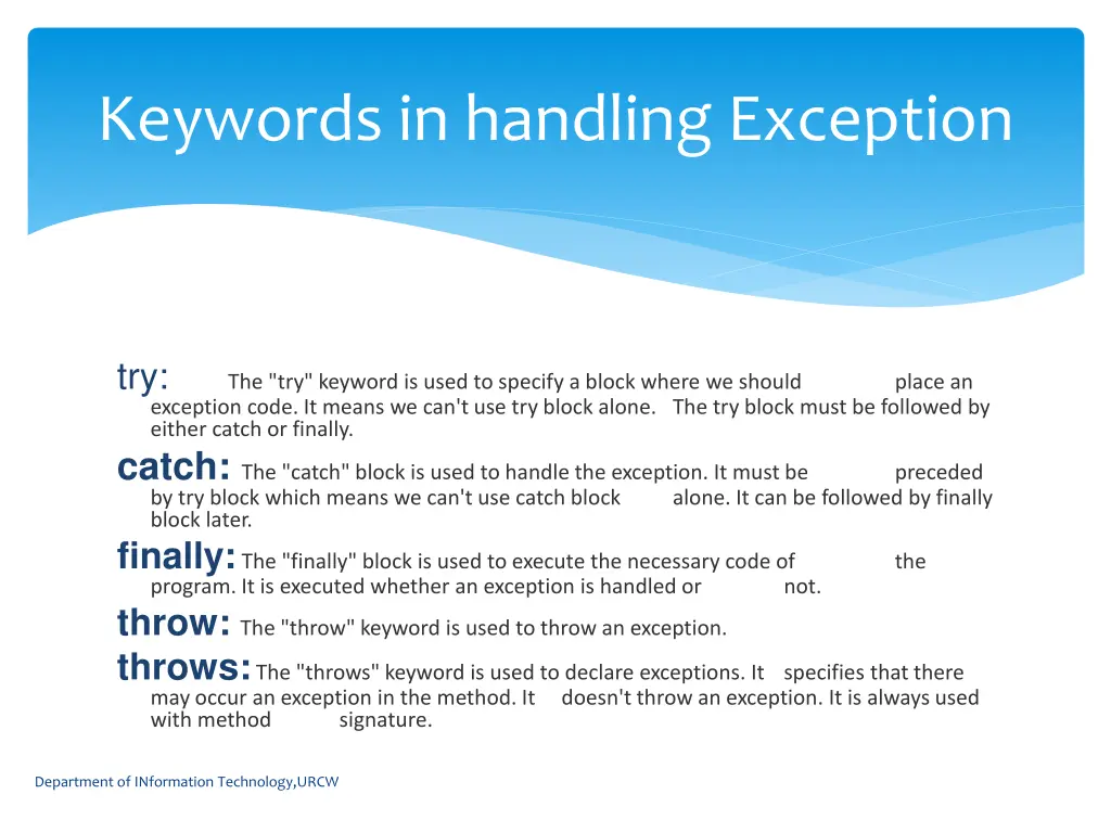 keywords in handling exception