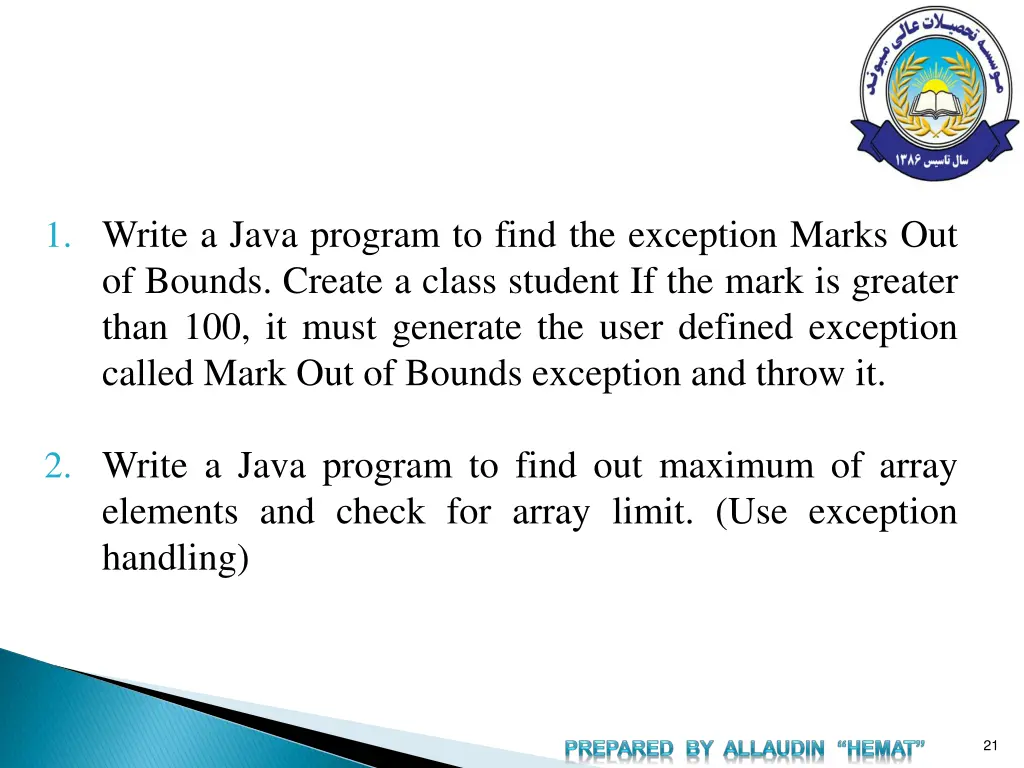 1 write a java program to find the exception