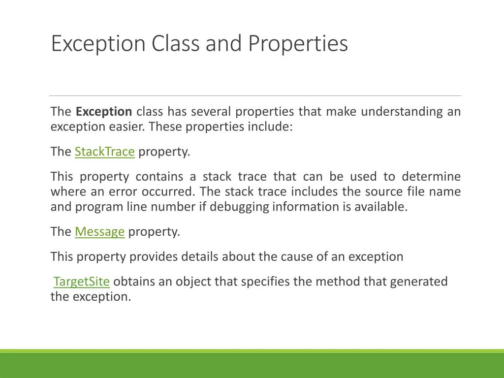 exception class and properties