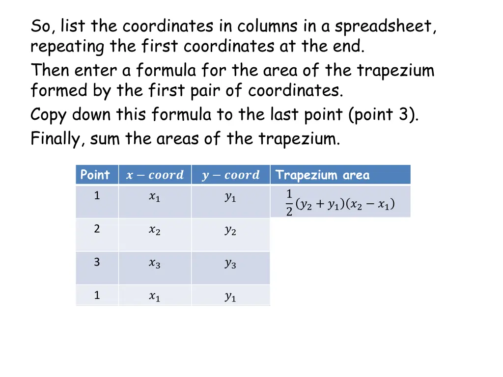 so list the coordinates in columns 1