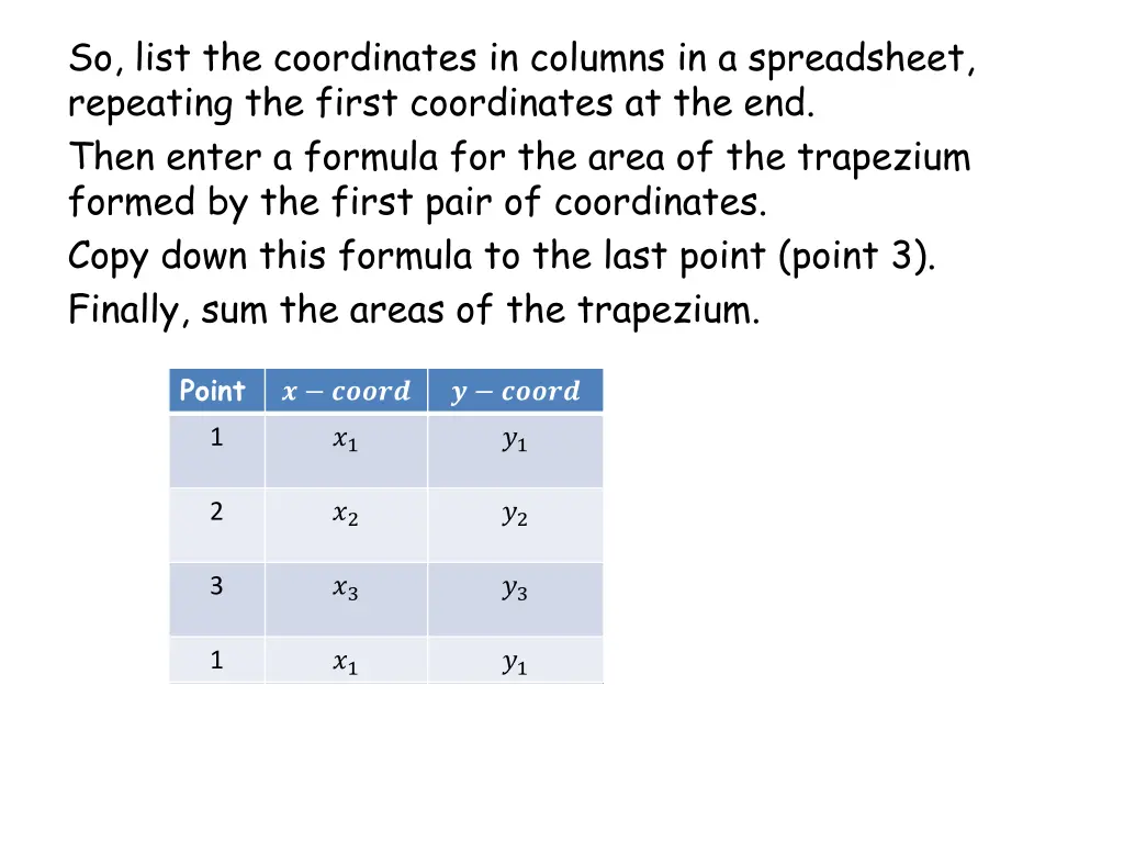 so list the coordinates in columns