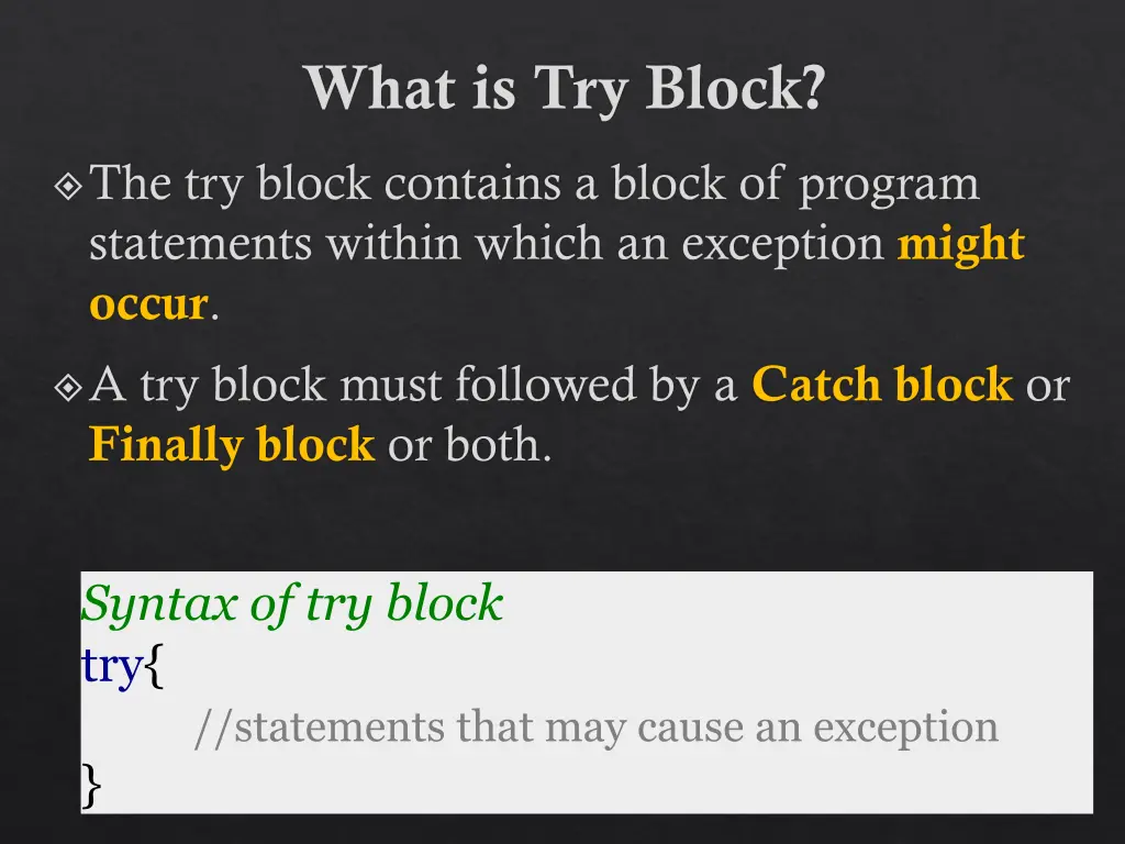 what is try block the try block contains a block