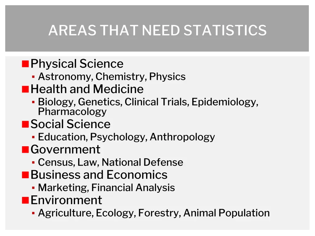 areas that need statistics