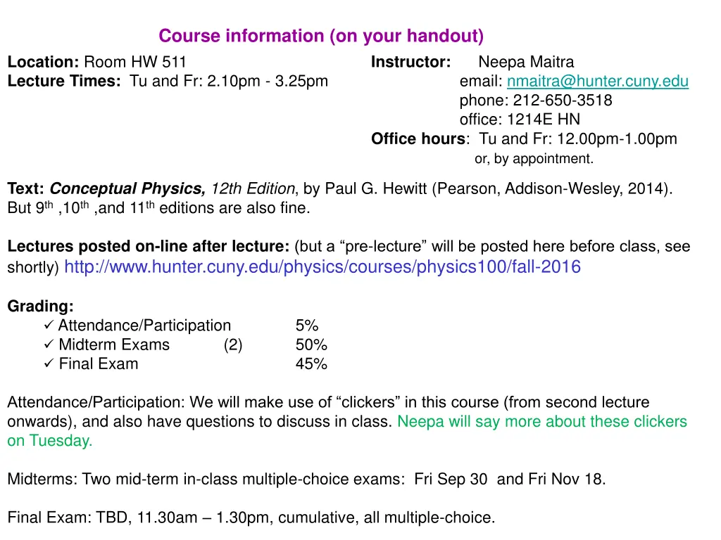 course information on your handout location room