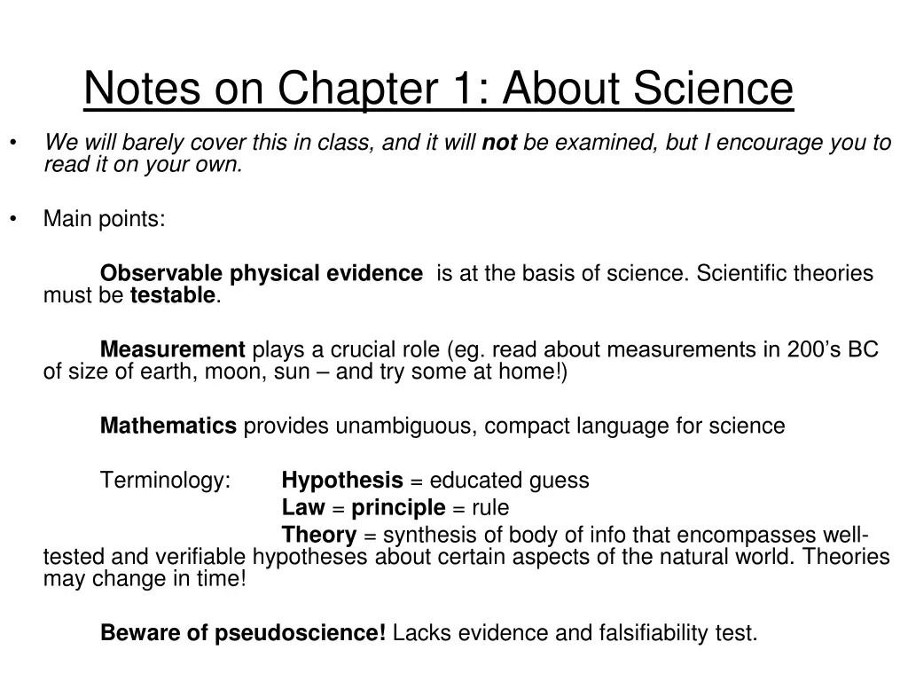 notes on chapter 1 about science