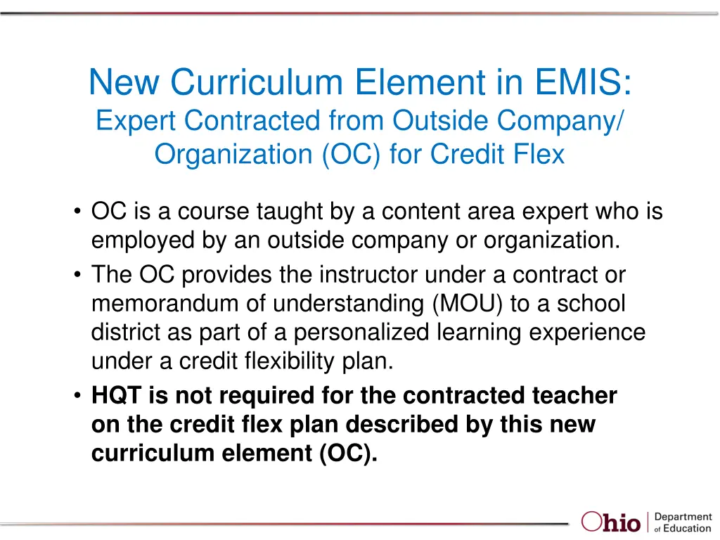 new curriculum element in emis expert contracted