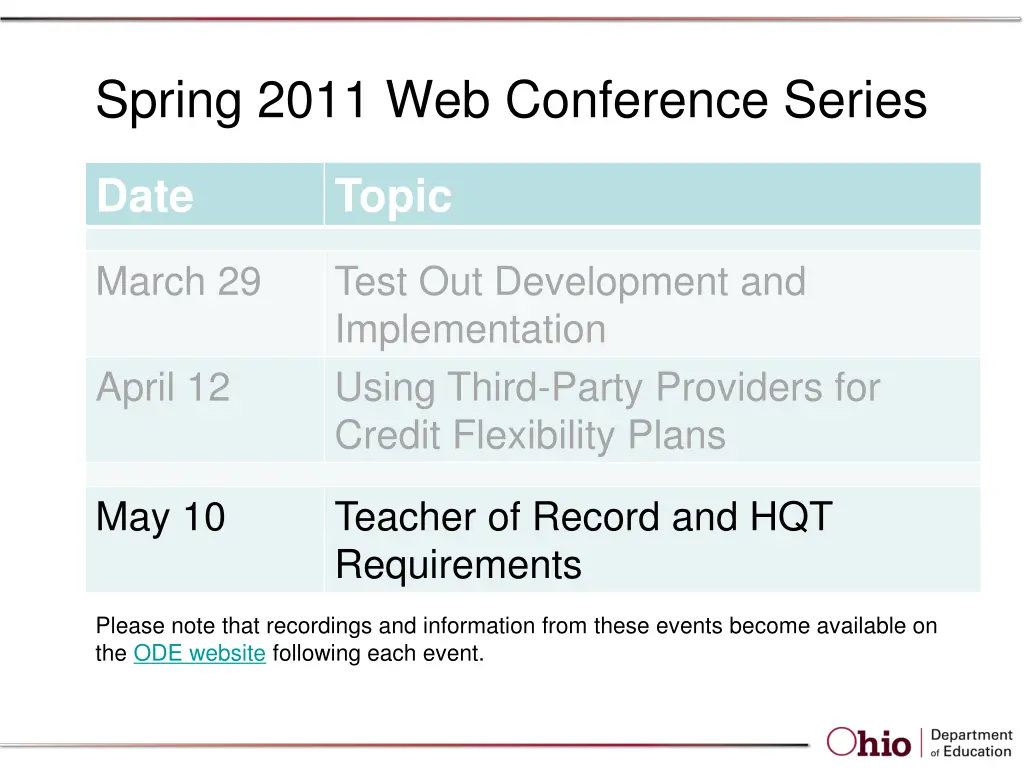 spring 2011 web conference series