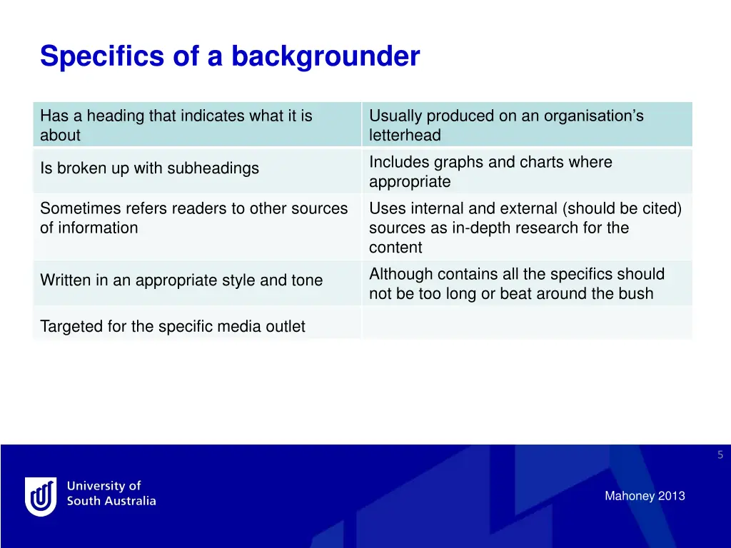 specifics of a backgrounder