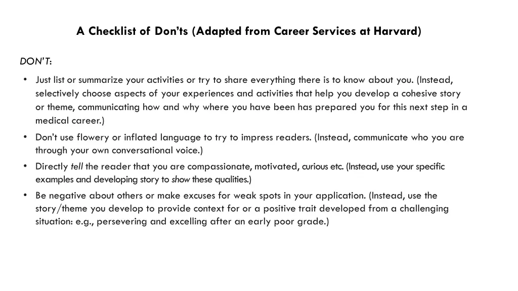 a checklist of don ts adapted from career