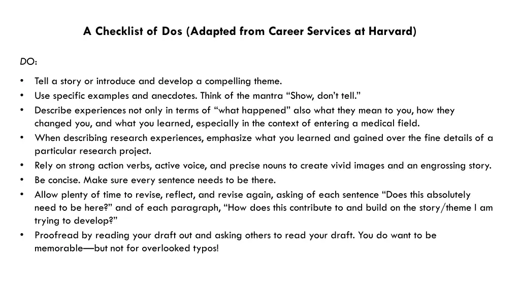 a checklist of dos adapted from career services