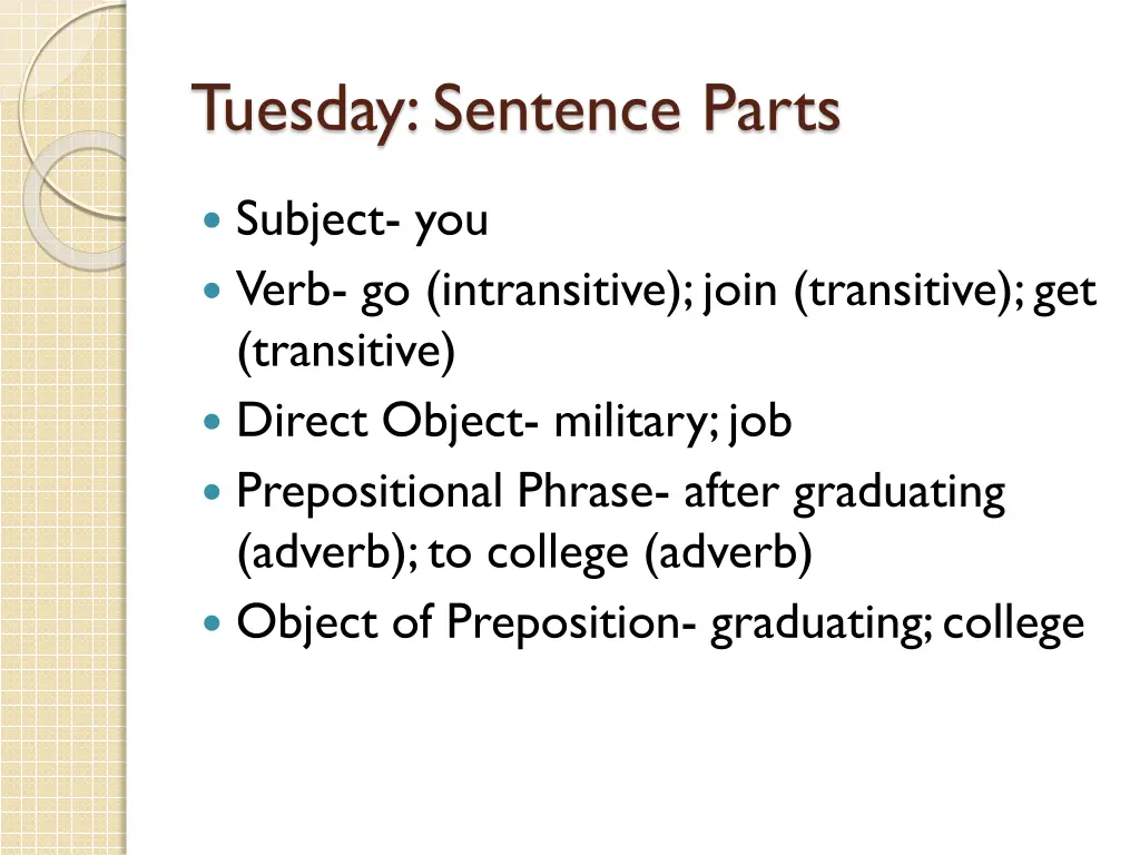 tuesday sentence parts