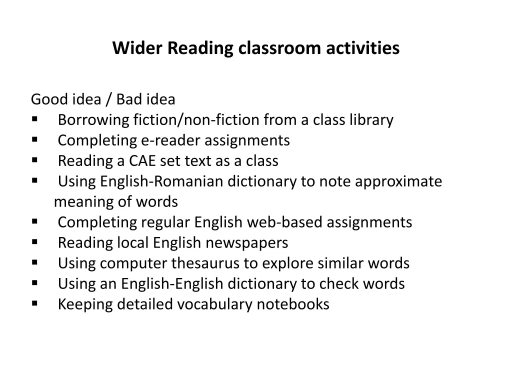 wider reading classroom activities