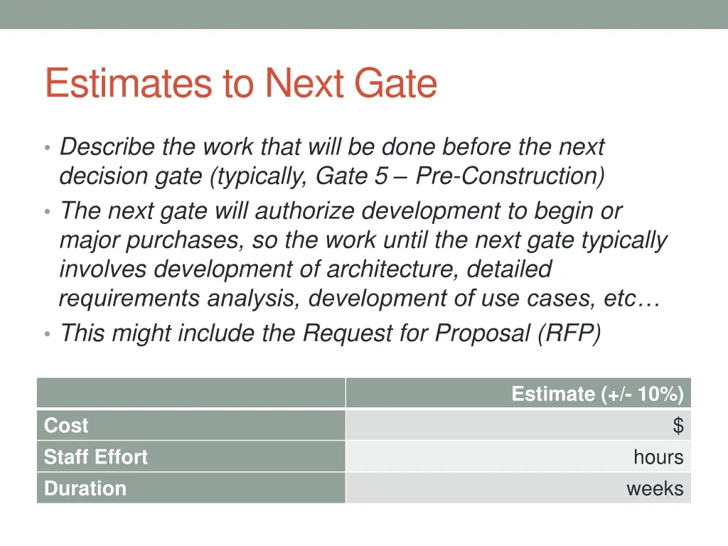 estimates to next gate