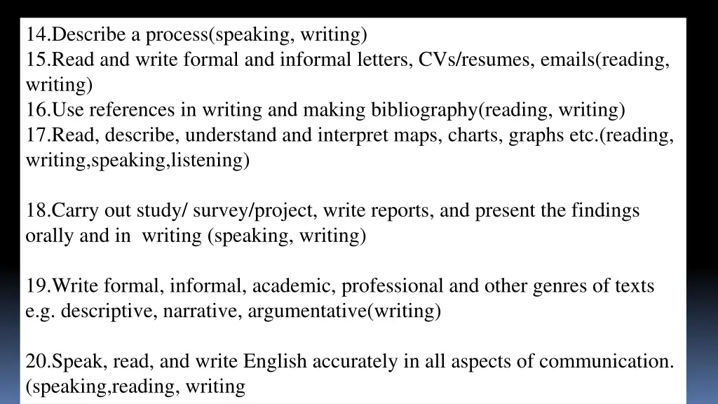 14 describe a process speaking writing 15 read