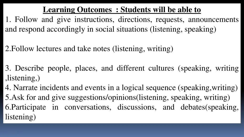 learning outcomes students will be able