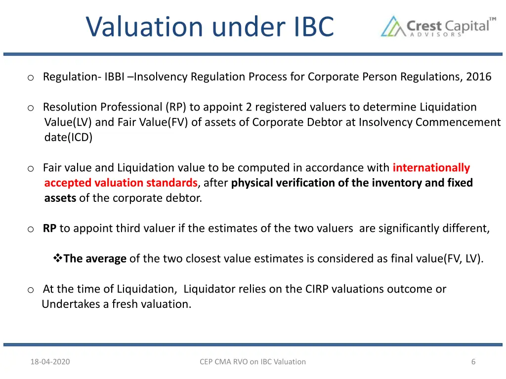 valuation under ibc