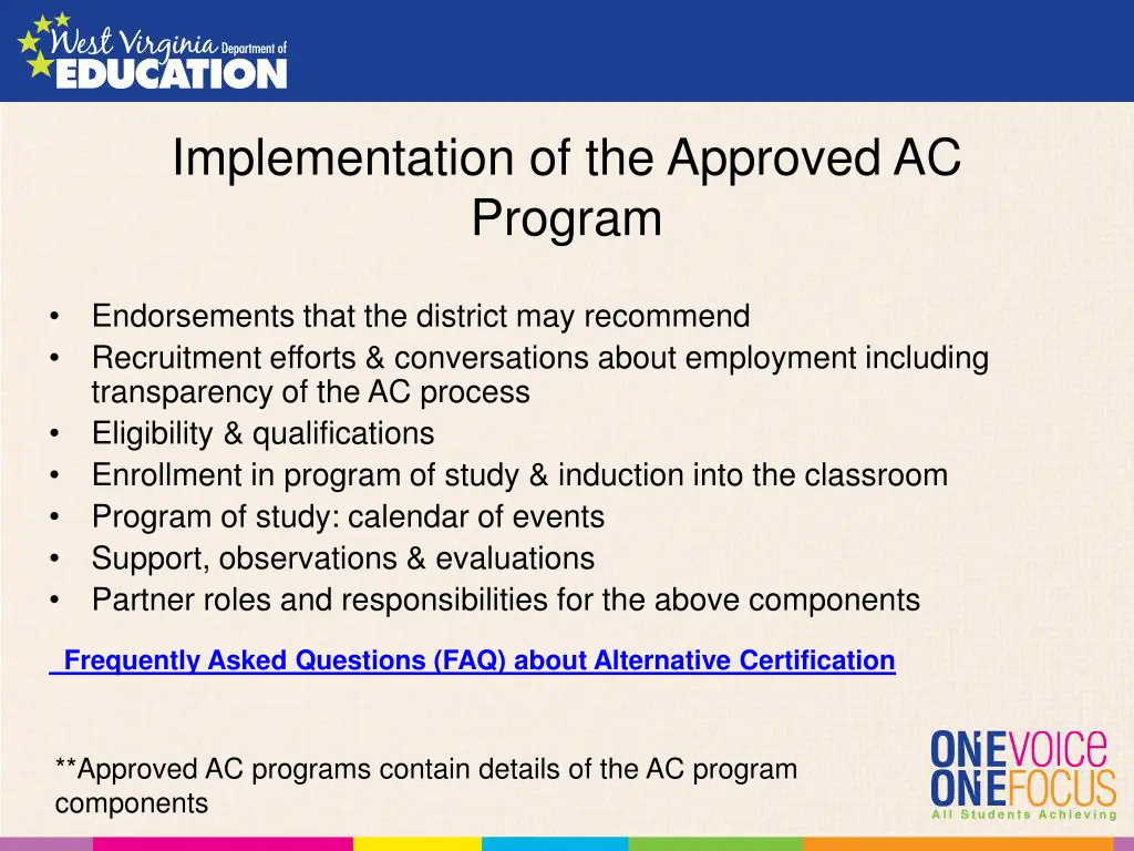 implementation of the approved ac program